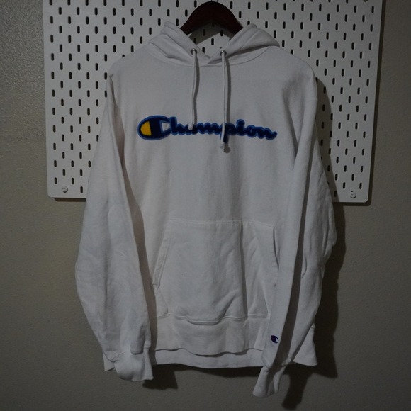 Champion Other - Champion Reverse Weave Hoodie Sweatshirt Blue‎ Yellow Logo White Mens Large